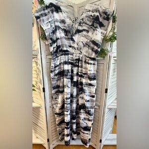 World Market Boho Wide Leg Jumpsuit L/XL Lace Up Back Watercolor Print Festival